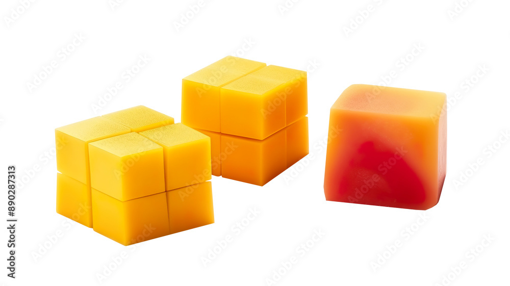 Ripe yellow orange red whole and sliced mango cubes isolated on a transparent background, png Ripe yellow orange red whole and sliced mango cubes isolated on a transparent background, png