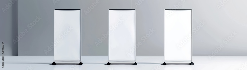 Three blank roll-up banners placed indoors in a modern, minimalistic setting, perfect for advertising and branding presentations. Three blank roll-up banners placed indoors in a modern, minimalistic setting, perfect for advertising and branding presentations.