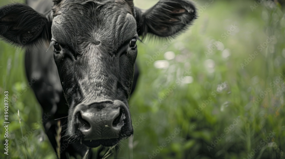 Close-up of black cow in green field. A black cow stares intently at the camera in a grassy field. The animal's deep, dark eyes and textured muzzle create a captivating portrait. Close-up of black cow in green field. A black cow stares intently at the camera in a grassy field. The animal's deep, dark eyes and textured muzzle create a captivating portrait.
