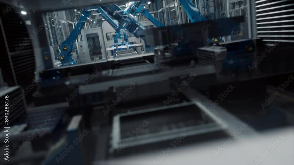 Advanced Blue Robotic Arms in an Autonomous Factory Assembling Electronic Components on a Modern Production Line. Engineering and Technology in a Manufacturing Facility. Aerial Drone Footage Advanced Blue Robotic Arms in an Autonomous Factory Assembling Electronic Components on a Modern Production Line. Engineering and Technology in a Manufacturing Facility. Aerial Drone Footage