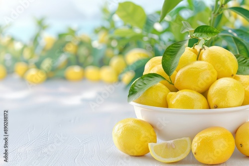 Bowl of fresh lemons with leaves on white table in bright outdoor setting. photo