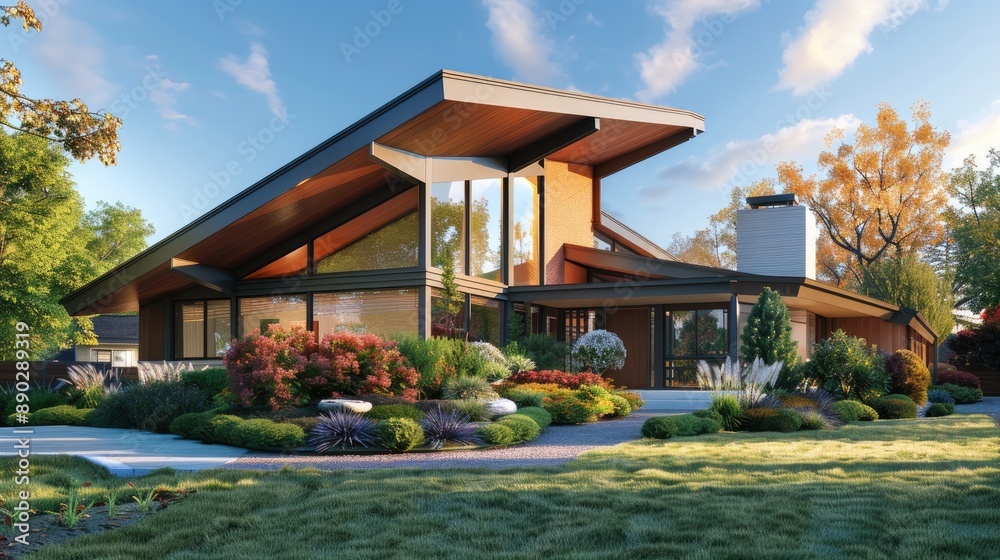 A mid-century modern home with a unique roofline, large windows, and a beautifully landscaped front yard. A mid-century modern home with a unique roofline, large windows, and a beautifully landscaped front yard.