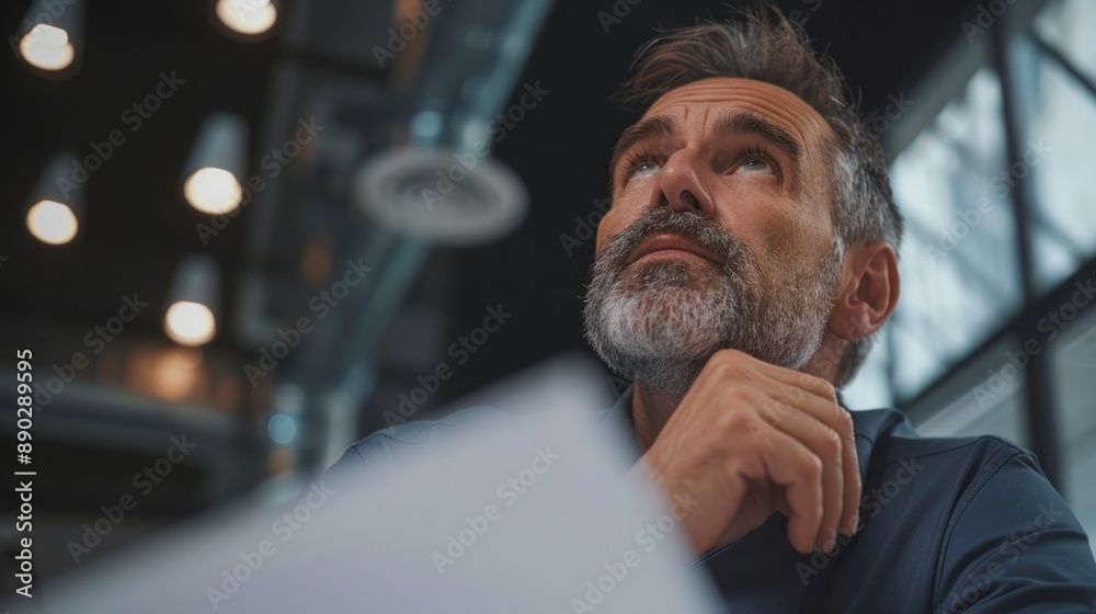 A pensive businessman contemplates his next move. A pensive businessman contemplates his next move.