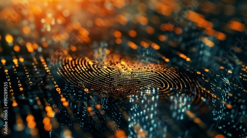 Digital fingerprint abstract background. Abstract digital fingerprint background with glowing orange and blue hues. A great image for modern technology and data security themes. photo