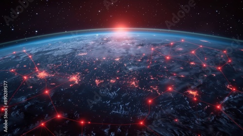 Earth viewed from space with red digital lines indicating network connections, symbolizing global data exchange and internet infrastructure
