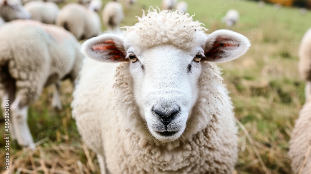 Close up sheep in field. Sheep standing in a field with green grass and dry foliage. The sheep is looking directly at the camera with an inquisitive expression. Close up sheep in field. Sheep standing in a field with green grass and dry foliage. The sheep is looking directly at the camera with an inquisitive expression.