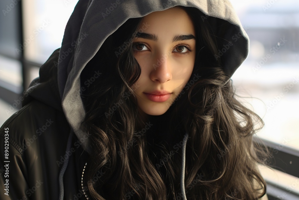 A woman with long hair is wearing a hooded sweatshirt and looking at the camera A woman with long hair is wearing a hooded sweatshirt and looking at the camera