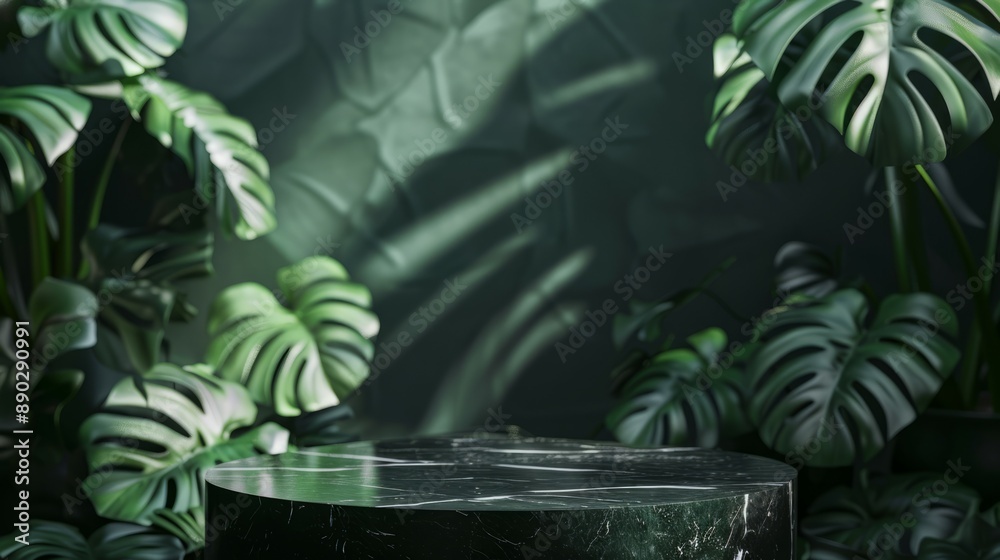 Lush greenery with marble pedestal. An elegant black marble platform rests amongst lush, tropical foliage, creating a beautiful and natural scene. Lush greenery with marble pedestal. An elegant black marble platform rests amongst lush, tropical foliage, creating a beautiful and natural scene.