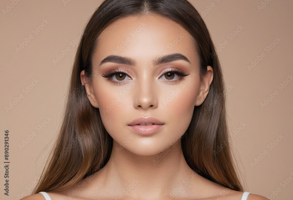  Social media user showcasing makeup look with simple and clean background. 