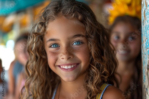 Portrait of a Smiling Girl With Curly Hair and Blue Eyes