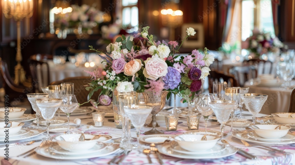 Wedding reception table with floral centerpieces and fine china Wedding reception table with floral centerpieces and fine china
