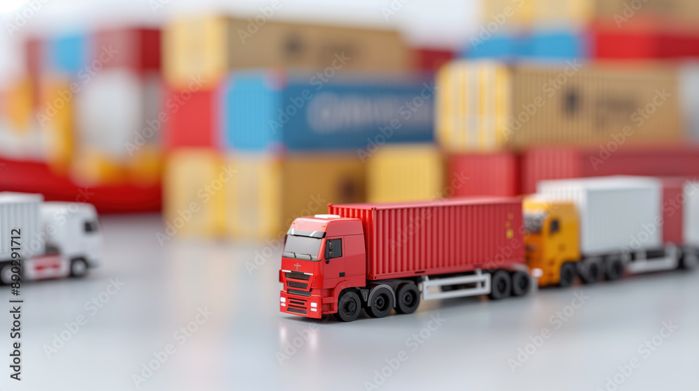 Miniature models of container trucks in a warehouse setting, surrounded ...