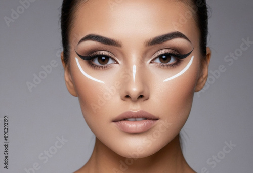  Professional makeup artist demonstrating contouring techniques with sleek black and white background. 