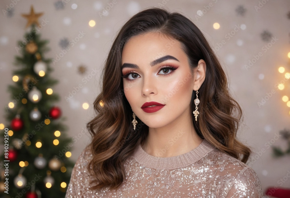 Beauty blogger creating festive holiday makeup look with festive background. Beauty blogger creating festive holiday makeup look with festive background.