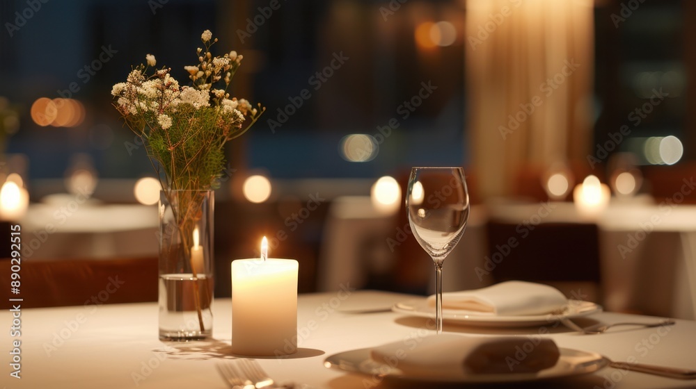A candle is lit on a table with a vase of flowers A candle is lit on a table with a vase of flowers