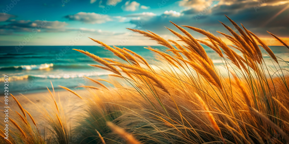 Golden sunset bathes windswept beachgrass on a peaceful seashore Golden sunset bathes windswept beachgrass on a peaceful seashore