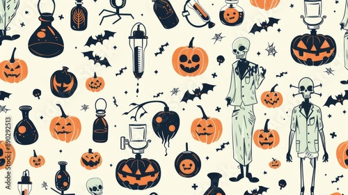 Mad scientist at Halloween party with strange contraptions, textile pattern.