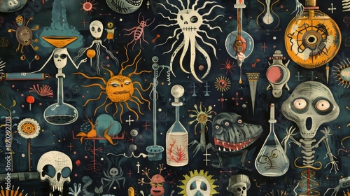 Spooky laboratory scene with mad scientist and monstrous creation, ideal for textile design and repeating patterns.
