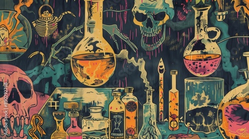 Spooky laboratory scene with mad scientist and monstrous creation for textile design.