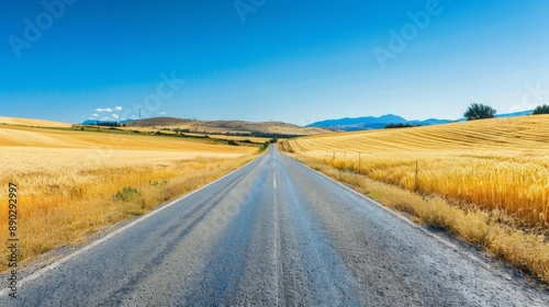 Wide road cutting through golden wheat fields under a clear blue sky