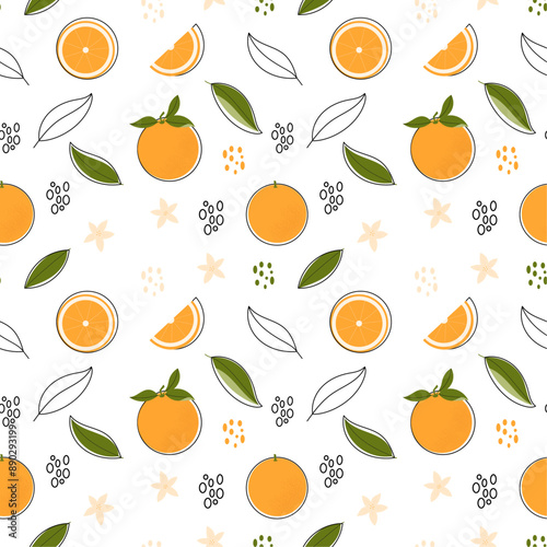 Seamless pattern with oranges, leaves and flowers on a white background. Vector tropical fruit pattern with texture, dots and outline. Oranges blossom. Trendy design for paper, textile, fabric.