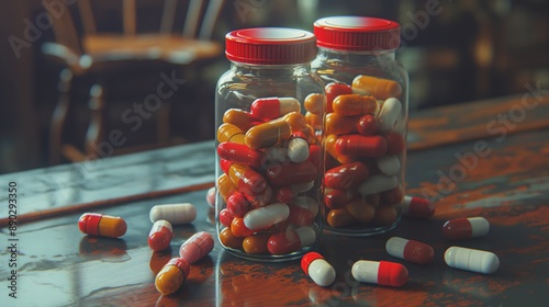 An illustration depicting tramadol and contramal pills, highlighting their powerful pain-relieving effects and potential side effects. photo