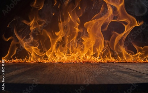 Blank wooden table with fire burning at the edge of the table, fire sparks and smoke with flames on a dark background to display products photo