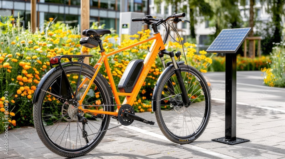 Bright orange electric bicycle parked near a solar charging station in a vibrant garden setting with yellow flowers. Bright orange electric bicycle parked near a solar charging station in a vibrant garden setting with yellow flowers.