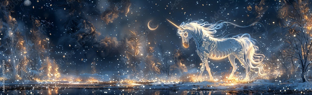 Enchanted Skeleton Unicorn in Winter Wonderland with Falling Snow and Crescent Moon Enchanted Skeleton Unicorn in Winter Wonderland with Falling Snow and Crescent Moon