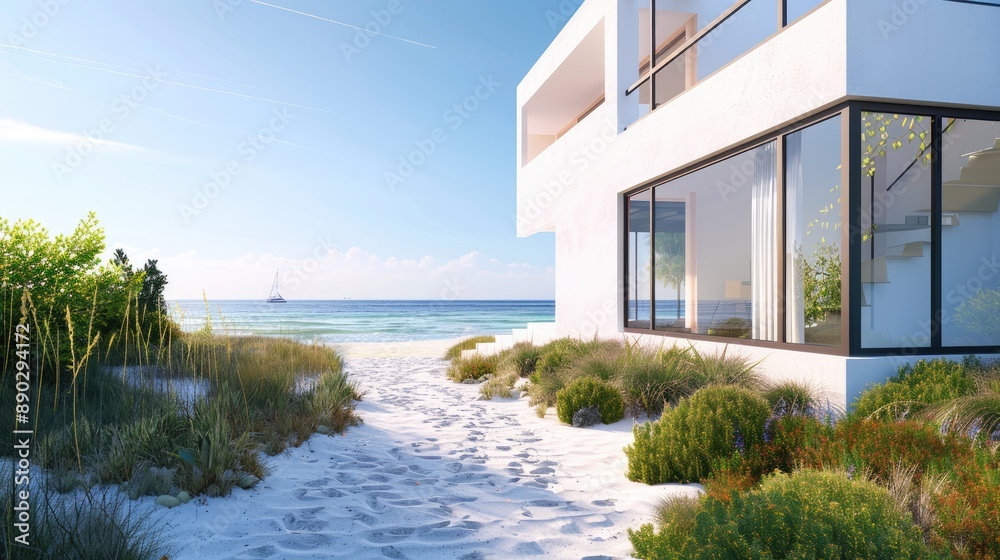 A modern beach house with a bright white exterior, large windows, and a sandy pathway leading to the ocean. A modern beach house with a bright white exterior, large windows, and a sandy pathway leading to the ocean.