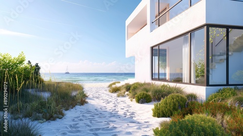 A modern beach house with a bright white exterior, large windows, and a sandy pathway leading to the ocean.