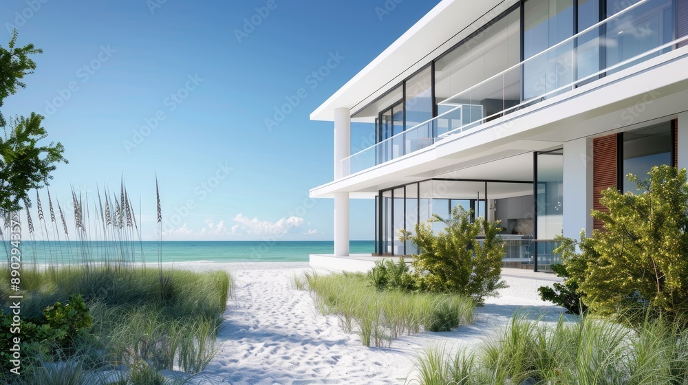 A modern beach house with a bright white exterior, large windows, and a sandy pathway leading to the ocean. A modern beach house with a bright white exterior, large windows, and a sandy pathway leading to the ocean.