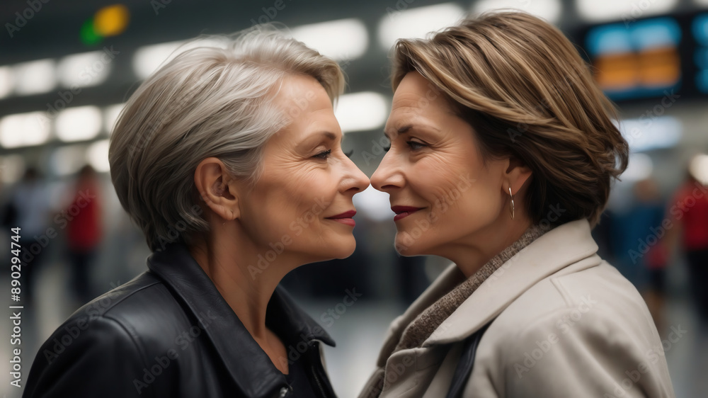 Mature Lesbian Couple Sharing an Intimate Moment at the Airport Before Departure in Stylish Coats Mature Lesbian Couple Sharing an Intimate Moment at the Airport Before Departure in Stylish Coats