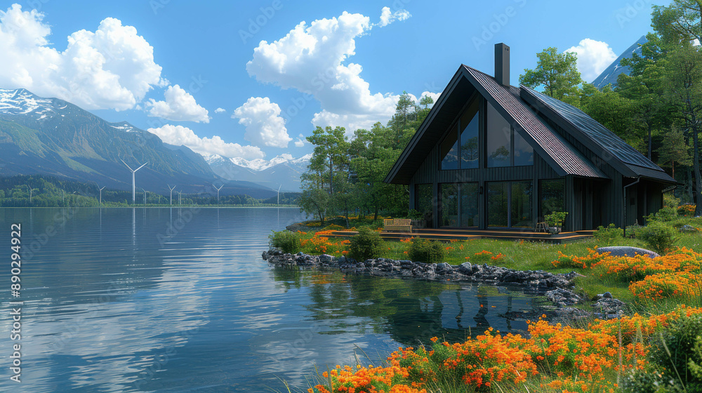 Obraz premium A serene meadow filled with colorful wildflowers and tall trees, illuminated by the setting sun. Wind turbines are visible in the background, highlighting the blend of nature and renewable energy.