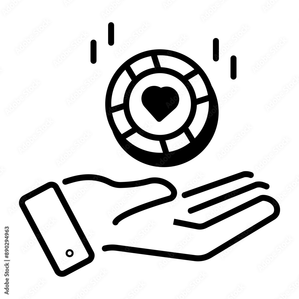 Casino chip in hand, linear style icon