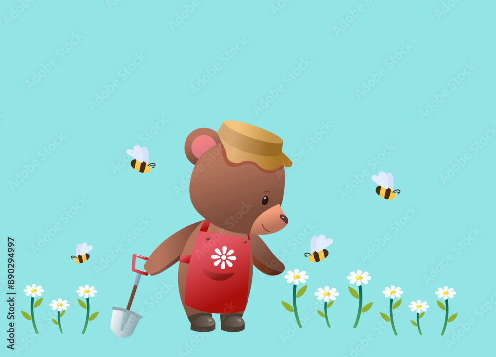 Illustration of a Bear Gardener with Bees and Flowers on a blue Background - Cute Nature Scene for Kids. A brown bear in a red apron