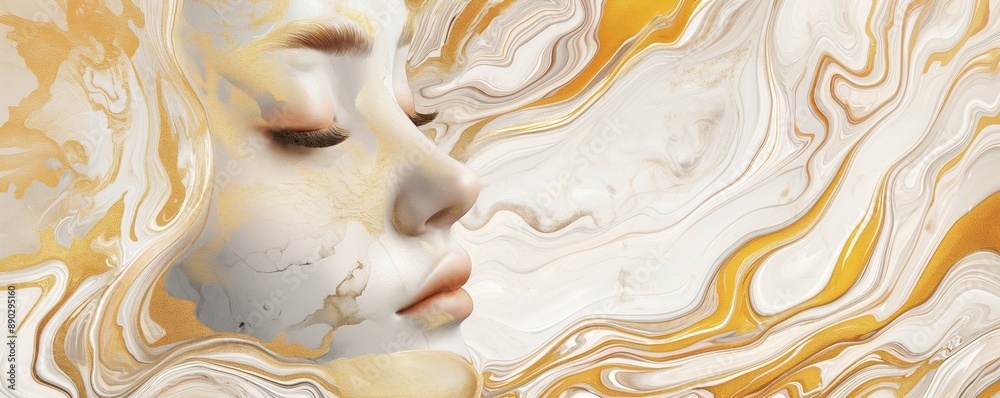 Ethereal Female Portrait in Pastel and Gold . This digital painting features an abstract female form adorned with marble textures and fluid gold lines, set against a soft, pastel background . Ethereal Female Portrait in Pastel and Gold . This digital painting features an abstract female form adorned with marble textures and fluid gold lines, set against a soft, pastel background .
