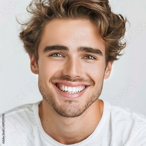 charismatic young man with dazzling smile against pure white backdrop perfect teeth gleaming in professional studio lighting