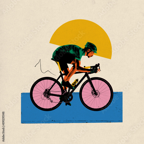Poster. Contemporary art collage. Dynamic and colorful artwork featuring cyclist in motion against minimalist backdrop. Concept of sport, movement, speed, marathon, competition, action.