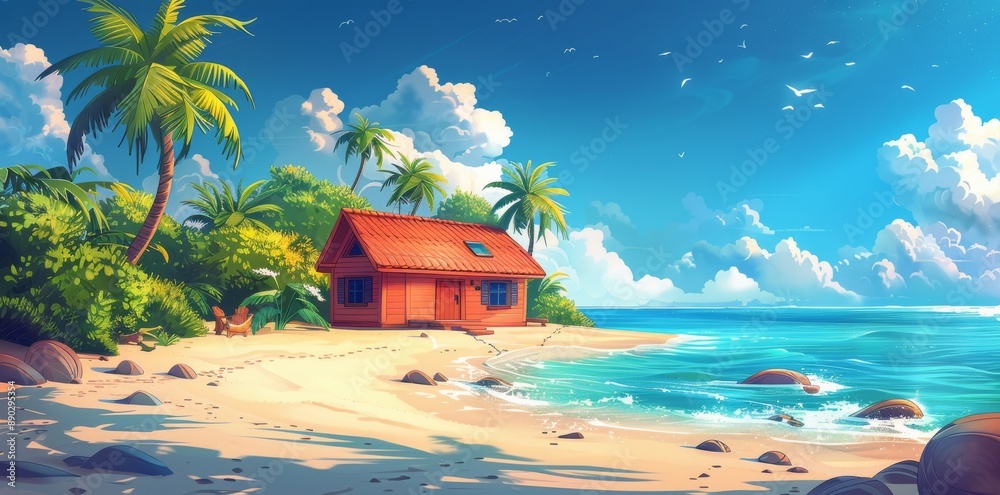 Obraz premium A Small House on a Tropical Island Beach With Palm Trees and Blue Skies