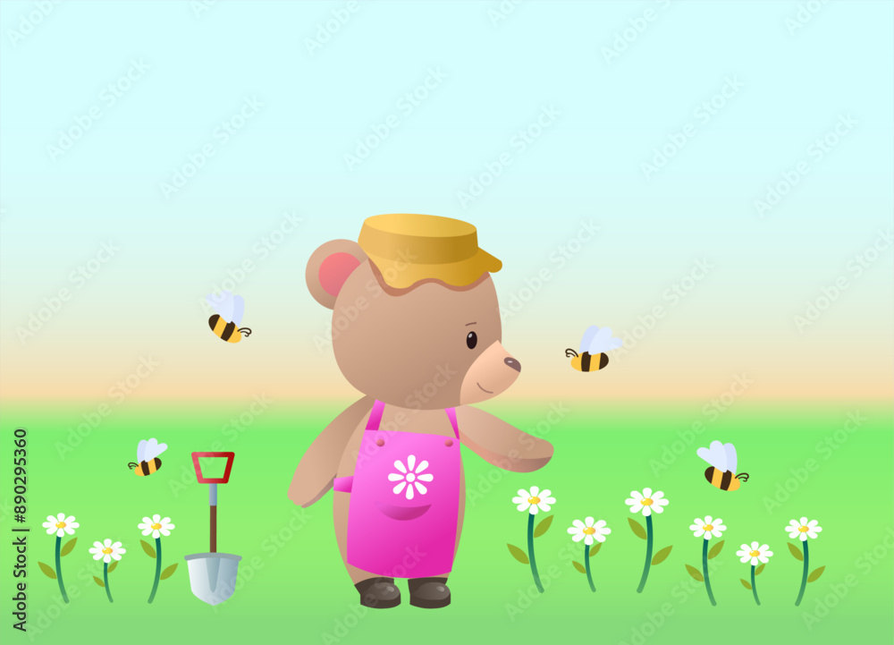 Fototapeta premium Illustration of a Bear Gardener with Bees and Flowers on a nature Background - Cute Nature Scene for Kids. A White bear in a pink apron