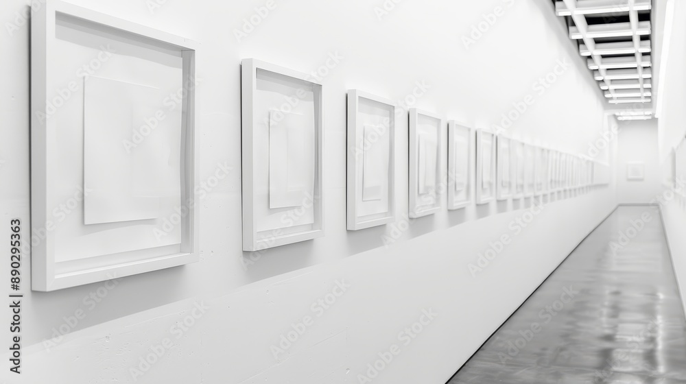Obraz premium Blank picture frames adorn the white wall, their small frames creating a mosaic of emptiness. 