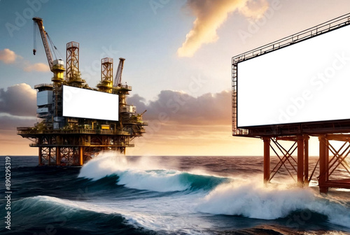 Large screen billboard in oil production platform in open sea, waves. Advertising white display mockup ad banner. Poster mock-up, template for text. Presentation board, big promo blank. Copy ad space photo