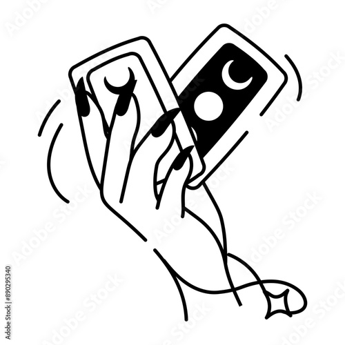 A doodle icon of hand holding tarot cards 