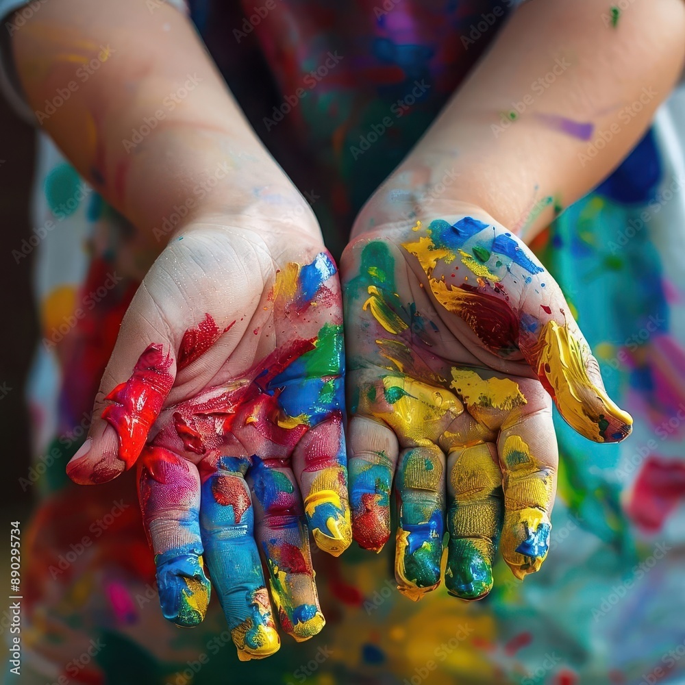 childs hands covered in colorful paint joyful artistic expression closeup on palette of skin tones childs hands covered in colorful paint joyful artistic expression closeup on palette of skin tones