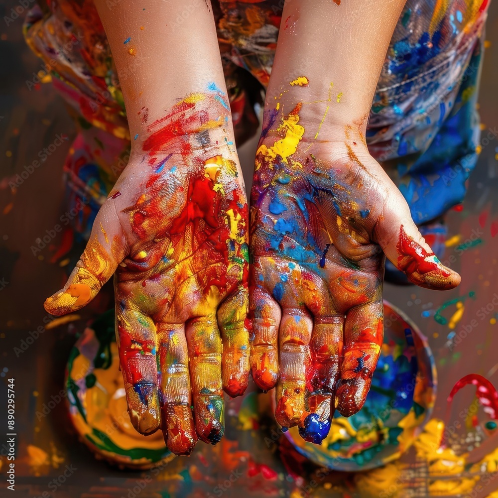 childs hands covered in colorful paint joyful artistic expression closeup on palette of skin tones childs hands covered in colorful paint joyful artistic expression closeup on palette of skin tones