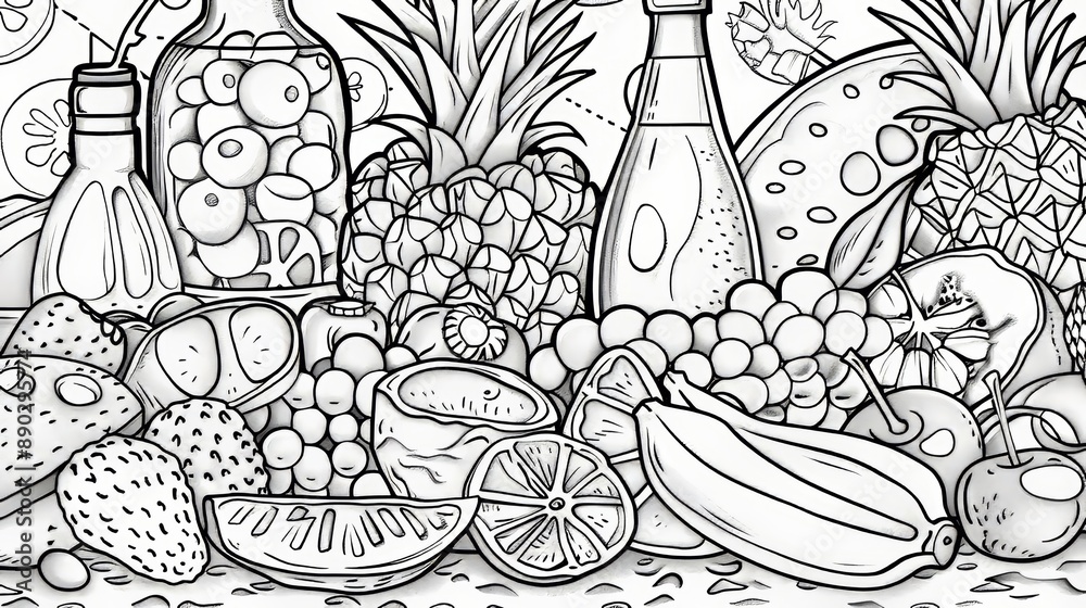 Fototapeta Coloring pages for adults and teens. Therapy for meditation and relaxation. Mindful stress-relief art. Printable and fits A4 paper. Cute food and drink coloring book. 