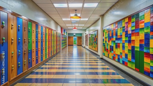 Vibrant colors illuminate an empty grade school hallway lined with creatively displayed student artwork, lockers, and classrooms, captured in stunning high-resolution detail.