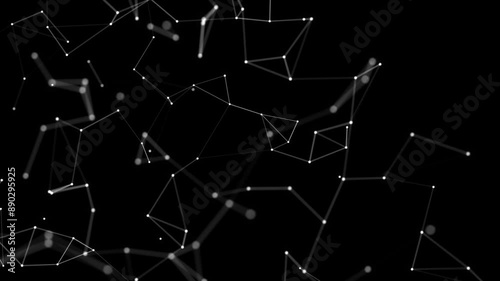 Abstract digital technology plexus background of white animated lines and dots on black background. Looping seamless geometric wallpaper. Concept of molecules, data, artificial intelligence. 4k.