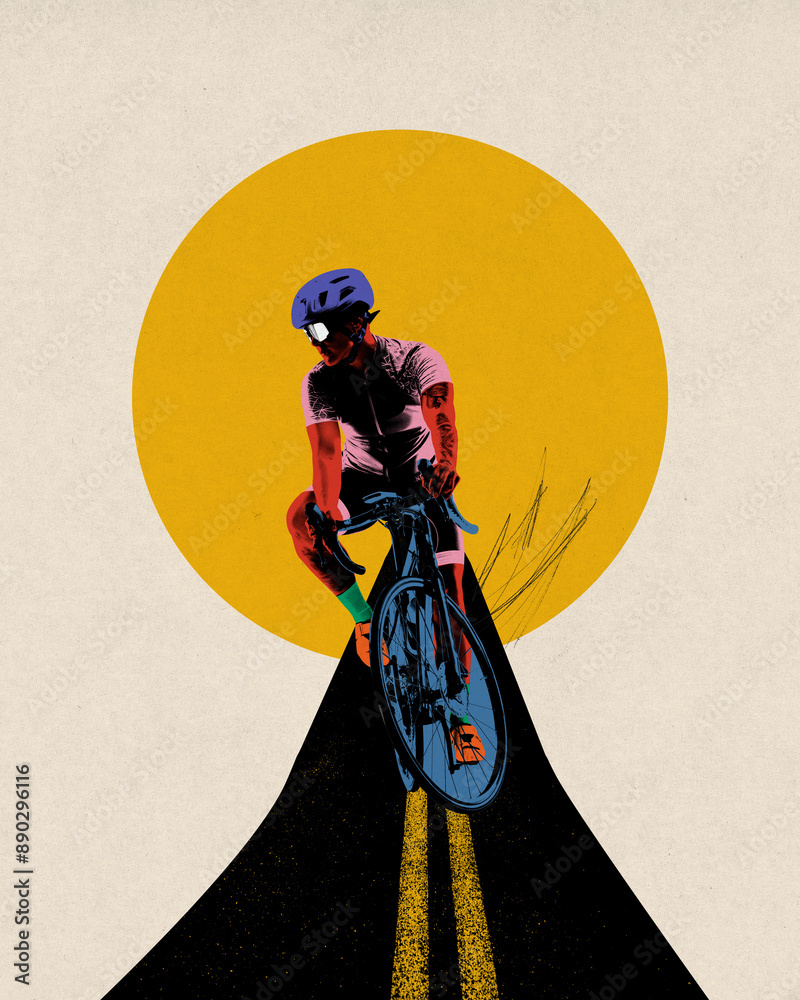 Fototapeta premium Poster. Contemporary art collage. Cyclist in vibrant colors, riding on dark road with yellow lines against bold yellow circle. Concept of sport, movement, speed, marathon, competition, action.